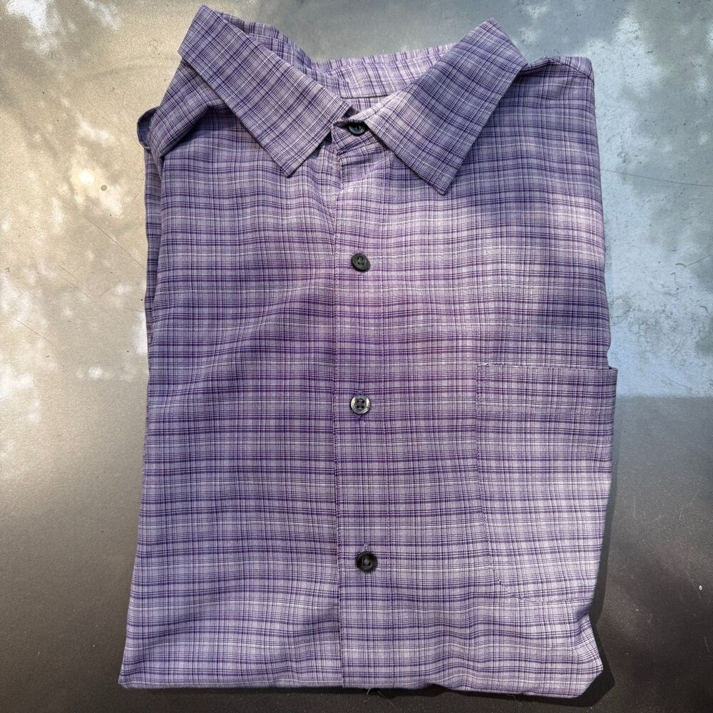 Synrgy Men's Big & Tall 1XL Purple/White Plaid Short Sleeve Button-Up